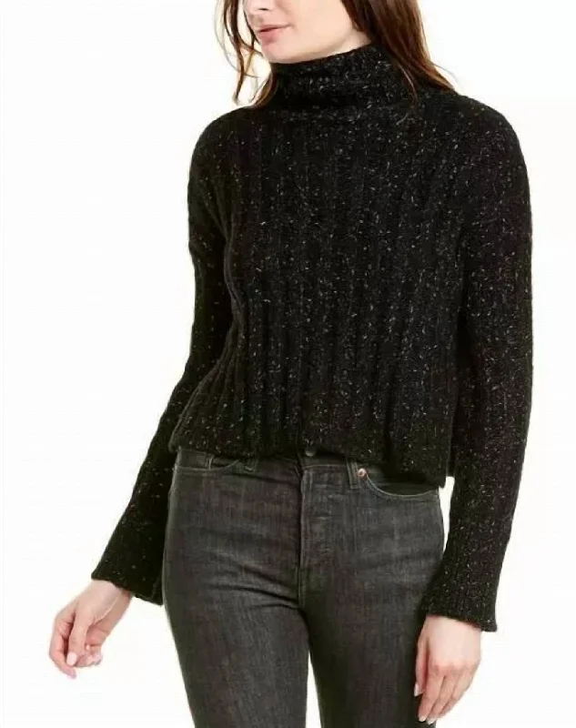 Mid-length Style Sweater Side Slit Turtleneck Wool Blend Metallic In Black