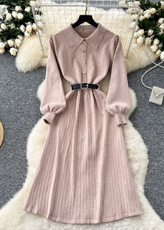 Cozy Footwear Elegant Light Purple Peter Pan Button Collar Knit Dress Winter