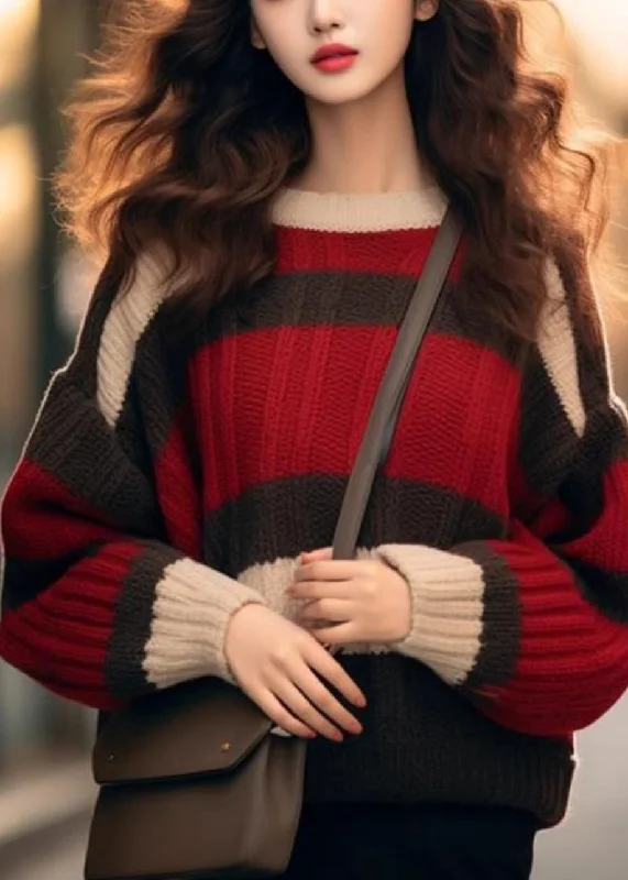 British Style Chic Red Striped Cozy Patchwork Knit Sweater Winter