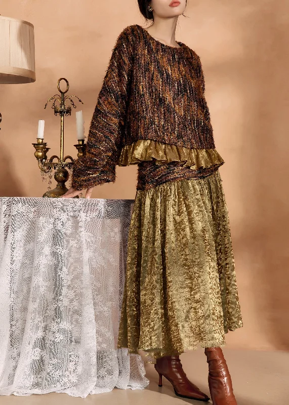 Timeless Outfits Fashion Brown Knit Sweaters And Silk Skirts Two Pieces Set Fall