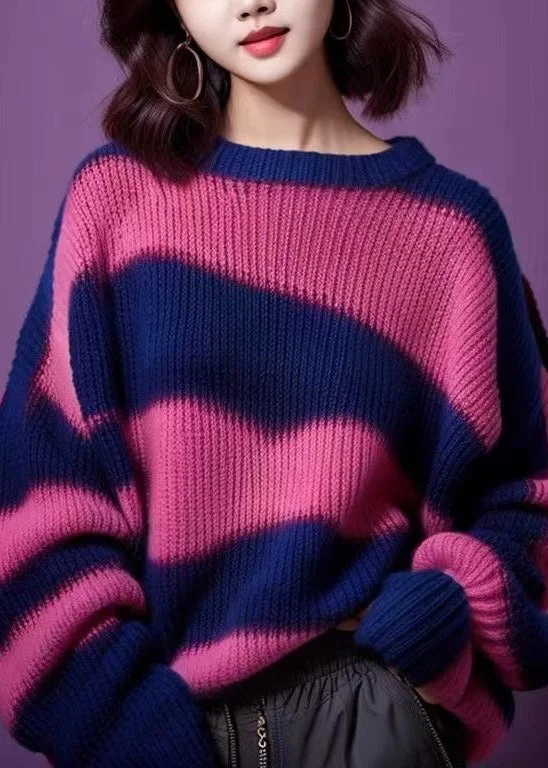 Modern Chic Women Purple O Neck Thick Patchwork Knit Sweater Winter