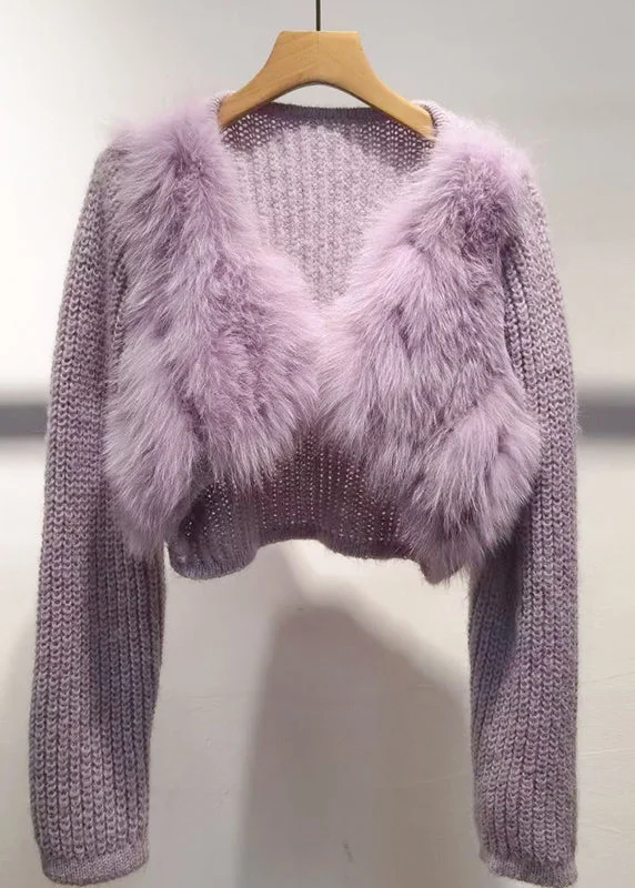 Trendy Items Chic Purple V Neck Patchwork Cotton Knit Sweater Winter