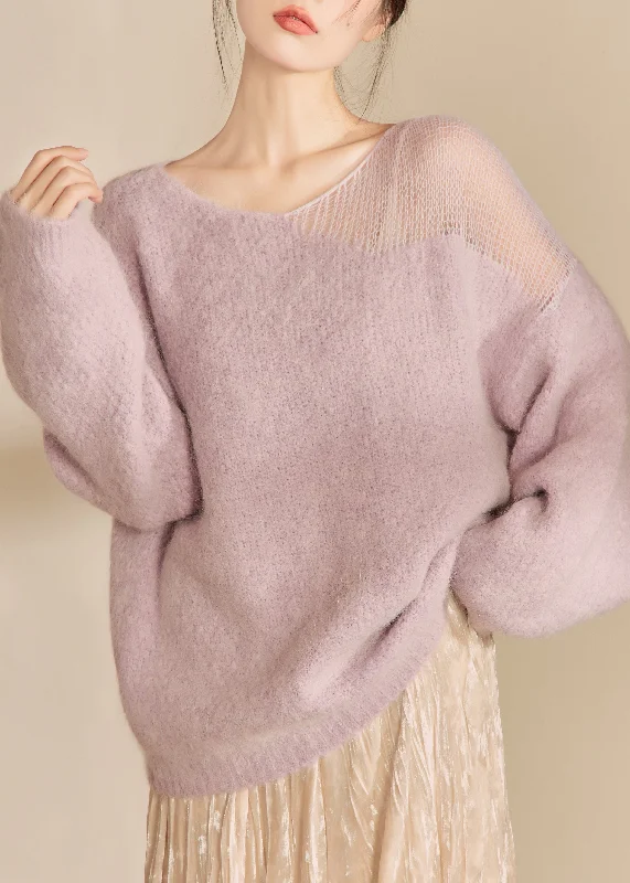 Warm Winter Series French Purple O Neck Hollow Out Woolen Sweater Tops Fall