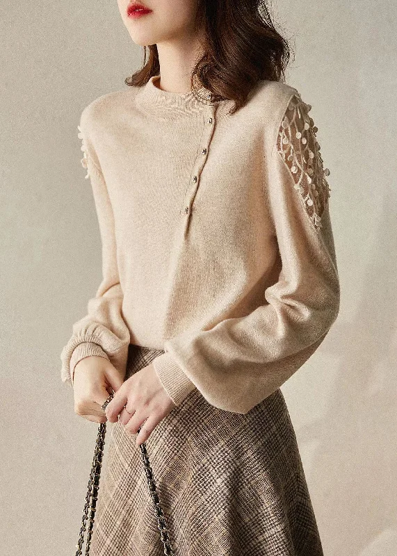 Elegant Tailoring New Apricot O Neck Hollow Out Knit Sweaters Winter