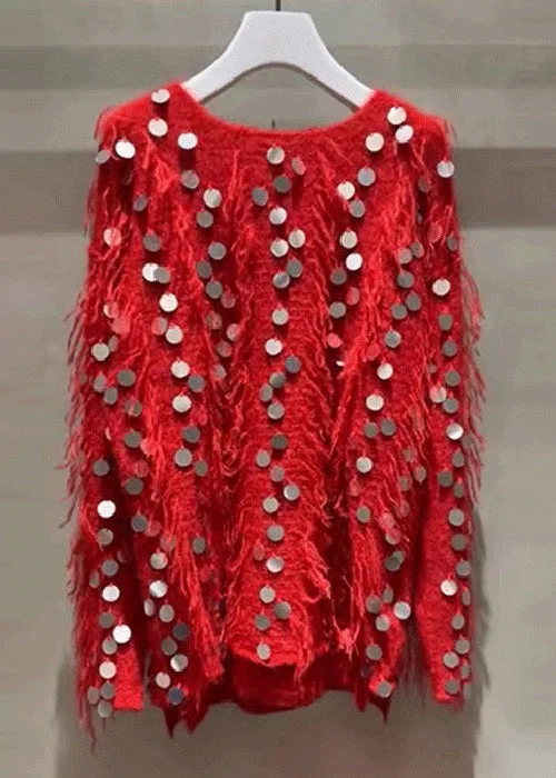 Stylish Ease New Red Tasseled Sequins Knit Sweaters Winter