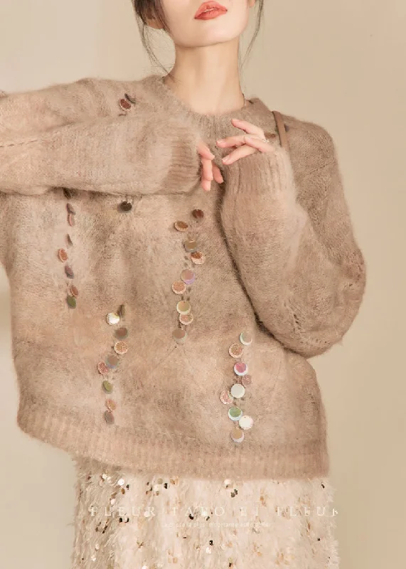 Classic Style Women Camel O-Neck Sequins Thick Cotton Knit Sweater Winter