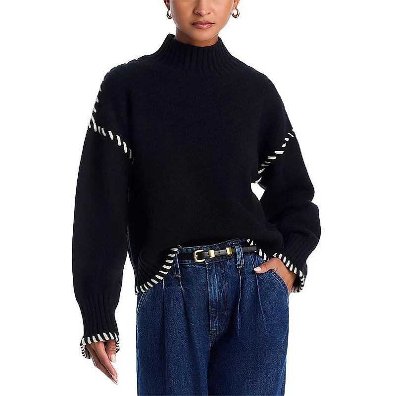 Luxury Temperament En Saison Womens Knit Contrast Trim Mock Turtleneck Sweater