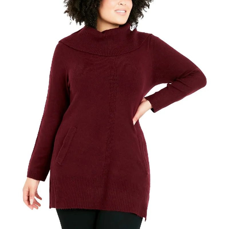 Carefree Style Avenue Womens Plus Cowl Neck Ribbed Trim Pullover Sweater
