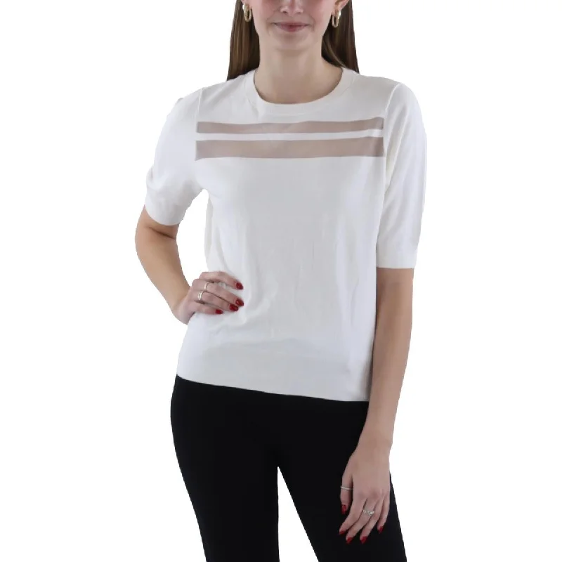 Knitted Design Womens Crewneck Elbow Sleeve Crewneck Sweater