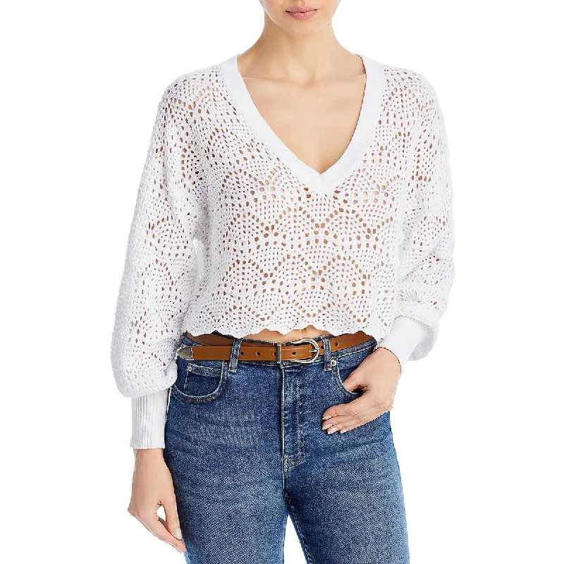 Sports And Leisure Aqua Womens Crochet Cropped V-Neck Sweater