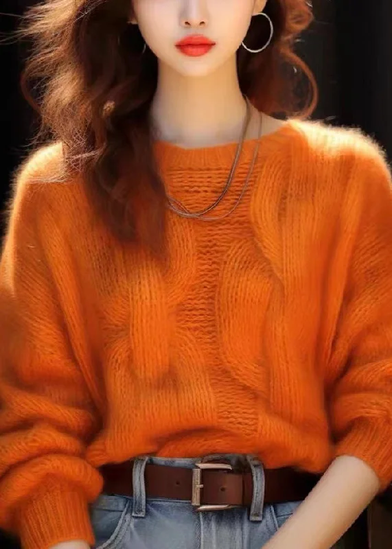 Luxury And Elegant Simple Orange O Neck Cozy Knit Sweaters Winter