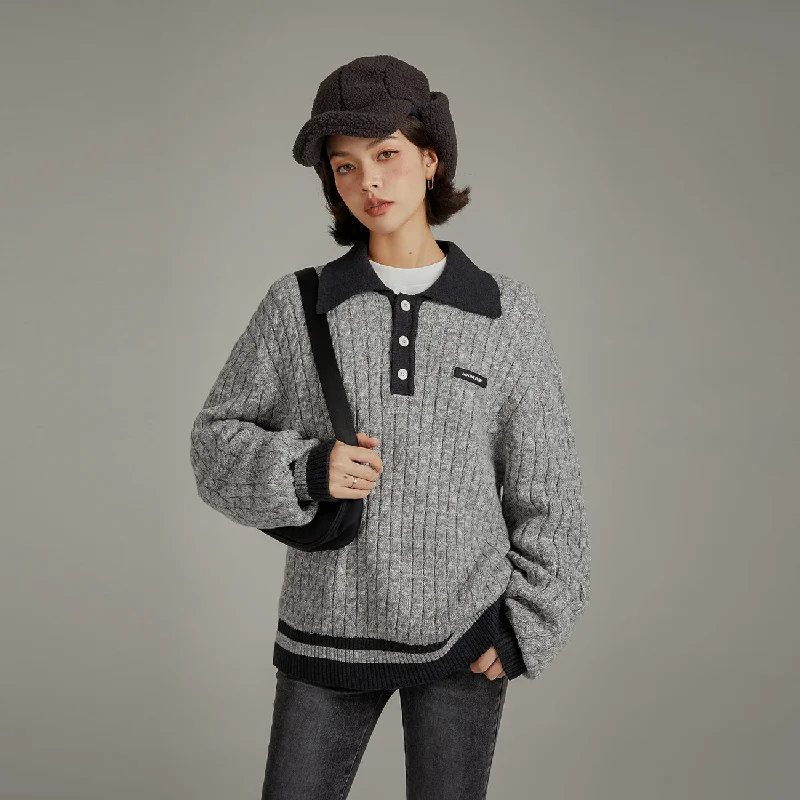 Floral Prints Polo Neck Twist Knit Sweater