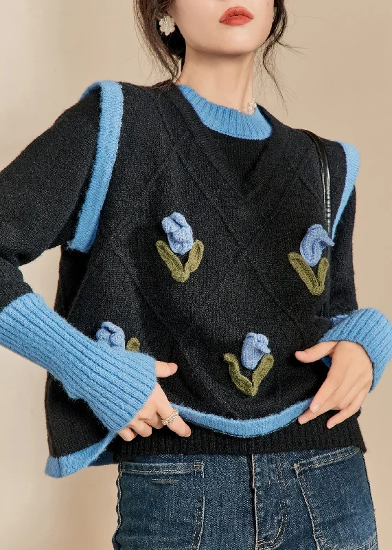 Comfy Chic Casual Blue O-Neck Patchwork Cotton Knit Sweaters Winter