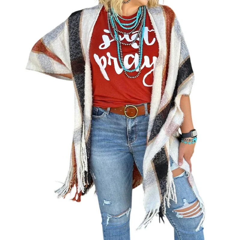 Urban Comfort Plaid Stacie Plaid Kimono In Ivory Multi