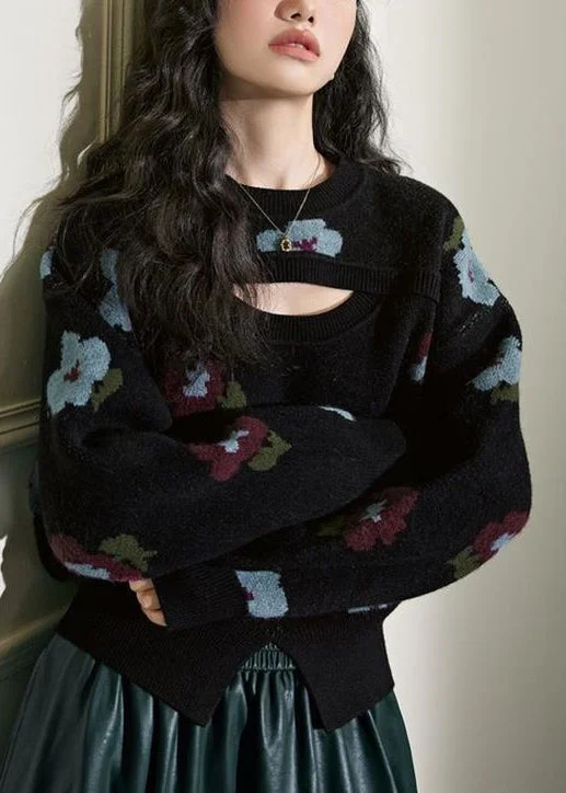 Classic Series New Black Hollow Out Front Open Knit Sweater Winter