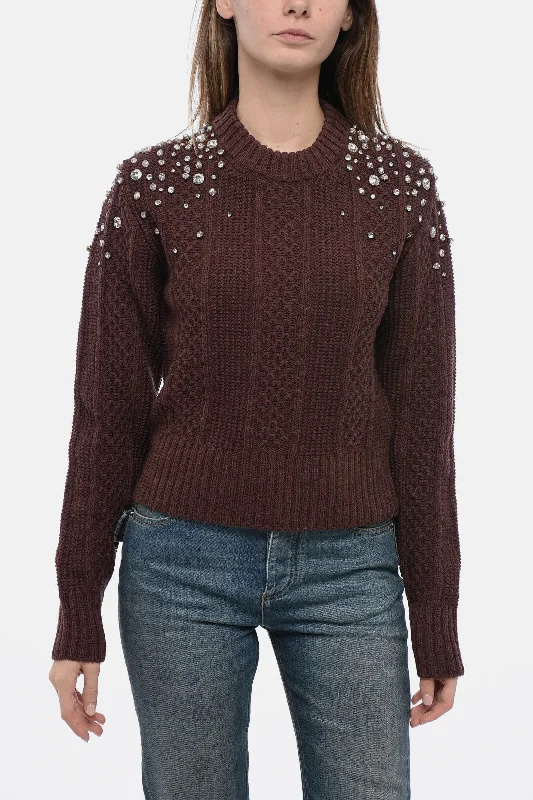 Comfortable Looks Golden Goose Crew Neck Aran Virgin Wool Sweater with Crystals