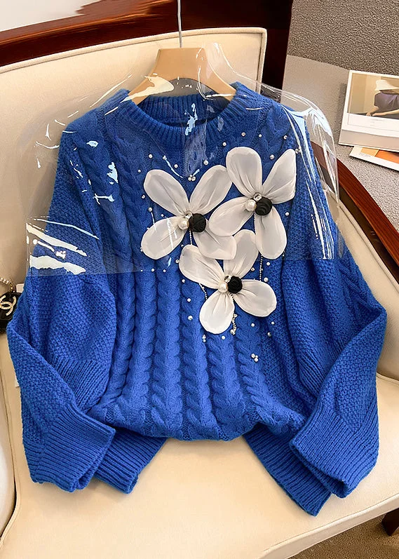 French Retro Floral Blue O Neck Nail Bead Knit Sweater Winter