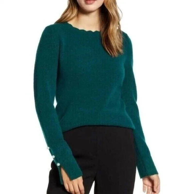 Mid-length Style Scallop Crew Neck Sleeve Pullover Sweater In Green