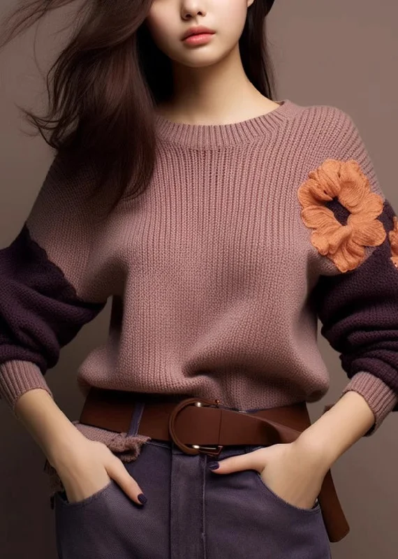 Smart Comfort Wear Art Purple O-Neck Cozy Patchwork Knit Sweaters Winter