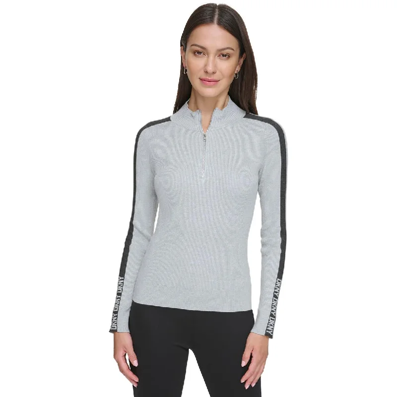 Trendy Wear DKNY Womens Half-Zip Logo Stripe Mock Turtleneck Sweater