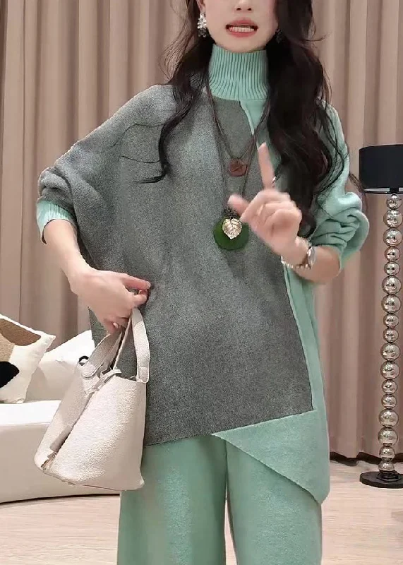 Classic Series Organic Green Turtleneck Asymmetrical Patchwork Cotton Knit Knitted Sweaters Winter