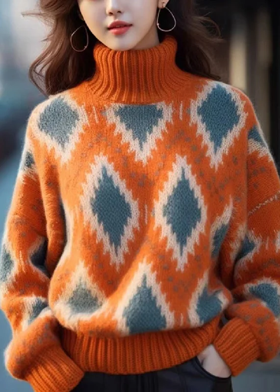Fashion Must-have Original Orange Turtleneck Plaid Thick Knit Sweaters Winter