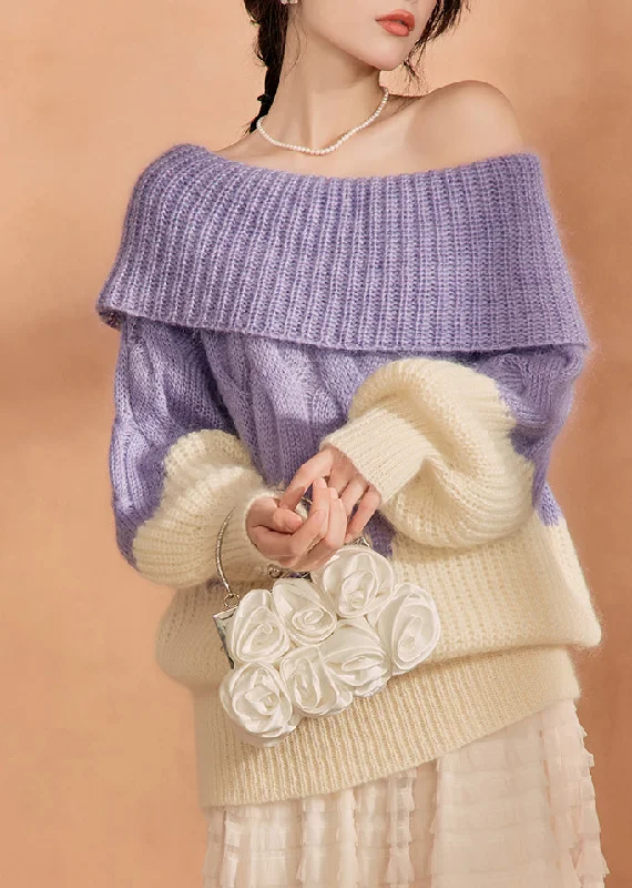 Comfortable Mind Style Purple Slash Neck Cold Shoulder Patchwork Cotton Knit Sweater Tops Winter