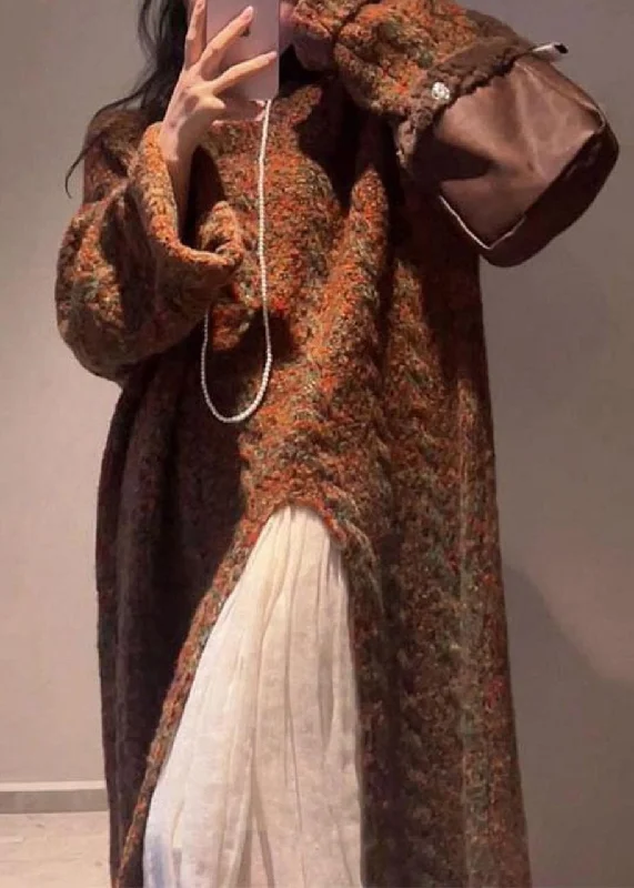 Practical Style Handmade Coffee O-Neck Asymmetrical Cotton Knit Long Sweaters Winter