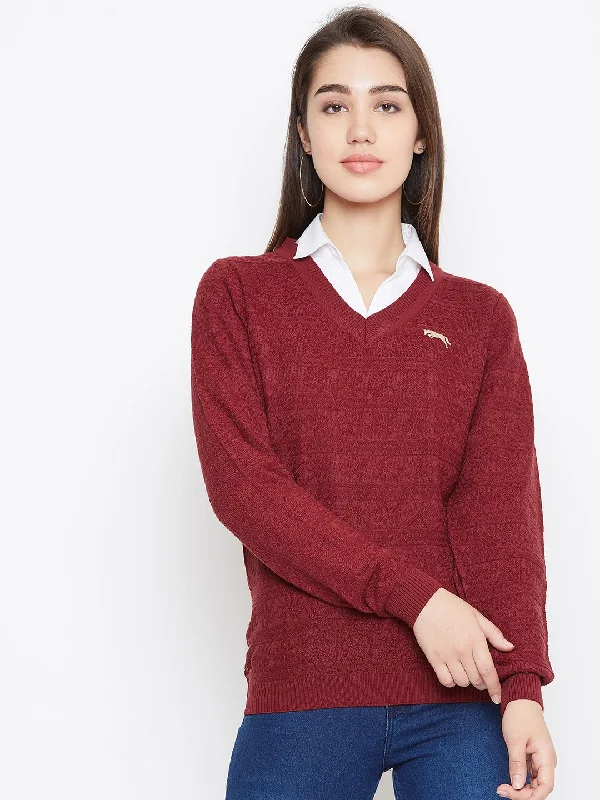 Fashionable Ease JUMP USA Women Red Self Design Sweater