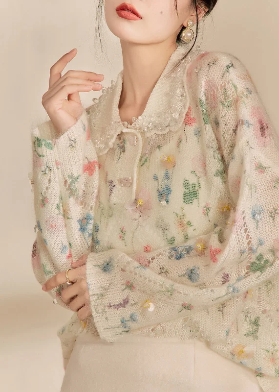 Simple Comfort Cute Apricot Peter Pan Collar Print Hollow Out Sequins Cotton Knit Sweaters Winter