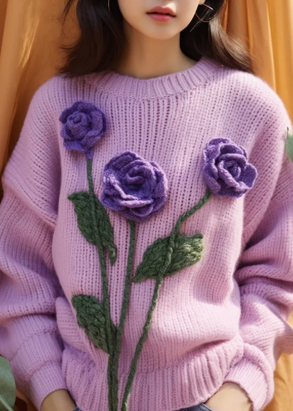 Design Must-have Women Purple Floral Hollow Out Knit Sweaters Winter