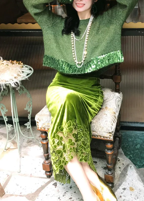 Chic Outfits Fashion Green Hollow Out Cotton Knit Sweaters And Maxi Skirts Two Piece Set Winter