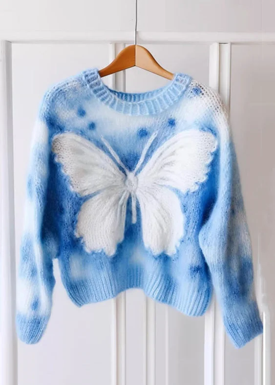 Warm Layers New Blue O Neck Butterfly Print Knit Sweaters Winter