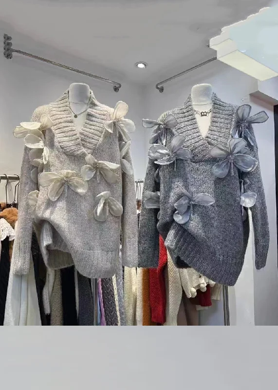 Elegant Dressing New Apricot V Neck Floral Patchwork Knit Sweaters Winter