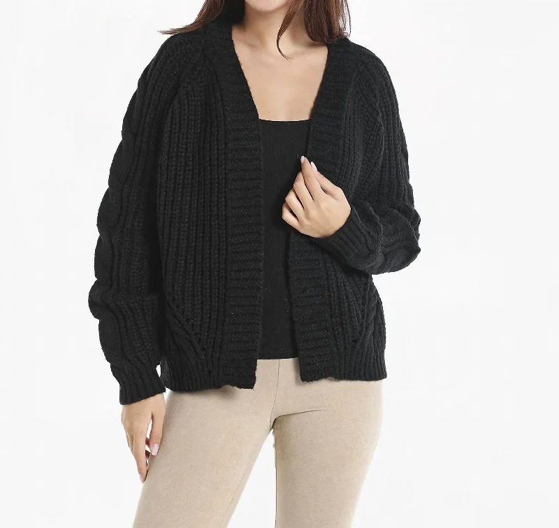 Retro Fashion Open Front Cable Knit Cardigan In Black