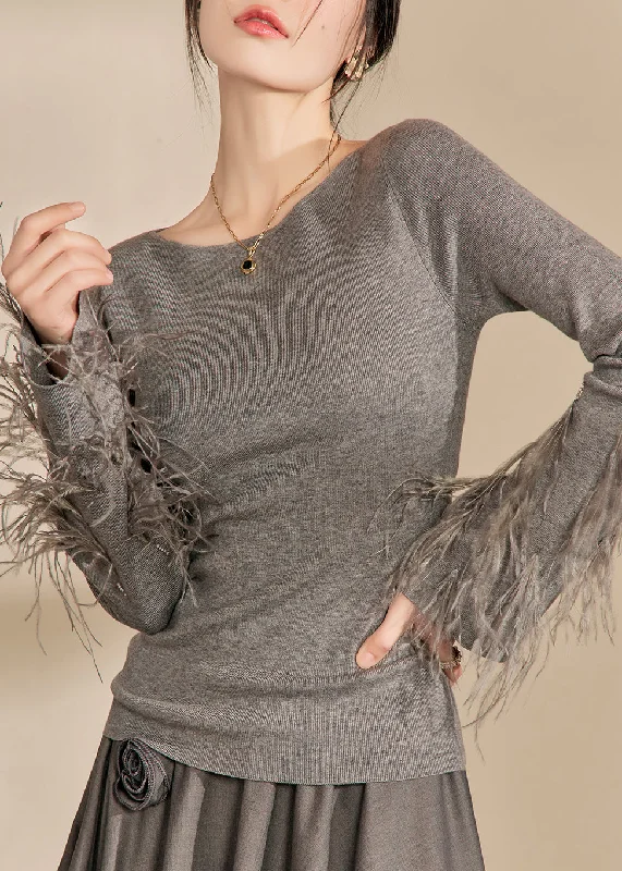 Design Must-have Fitted Grey O-Neck Tassel Cotton Knit Sweaters Fall