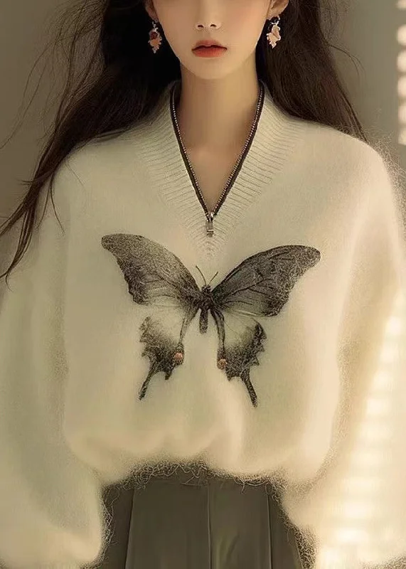 French Style New White Zip Up Butterfly Print Knit Sweater Winter