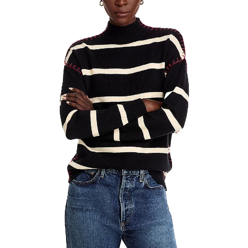 Chic Relaxation Single Thread Womens Striped Ribbed Trim Mock Turtleneck Sweater