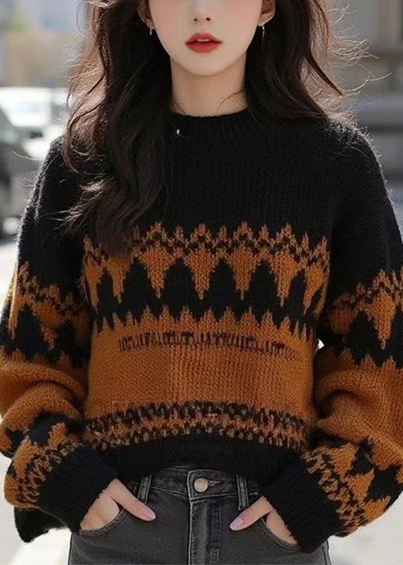 Playful Style French Black O Neck Cozy Patchwork Wool Knit Sweater Winter