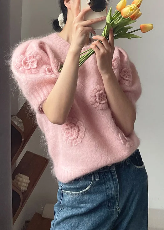 Eye-catching Personality Beautiful Pink O Neck Floral Solid Knit Sweater Short Sleeve