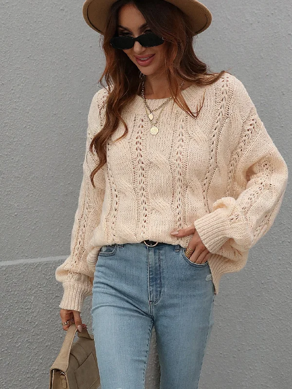 Casual Chic Looks Cable-Knit Openwork Round Neck Sweater