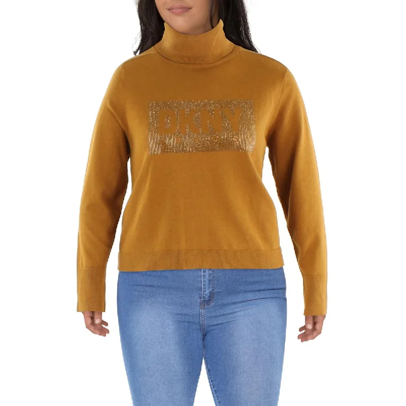 Economic Outlook DKNY Jeans Womens Sequined Logo Ribbed Trim Turtleneck Sweater