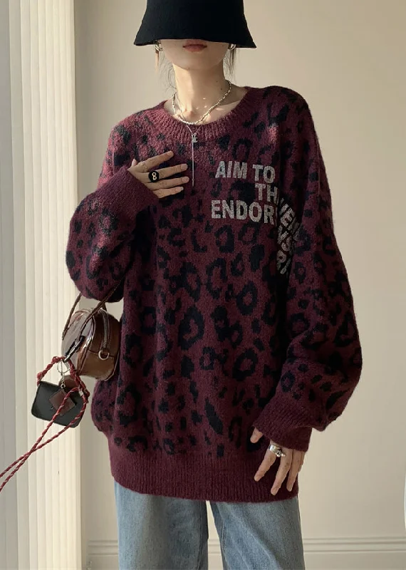 Exquisite Fabrics Dark Purple Letter Loose Knit Sweaters O Neck Winter