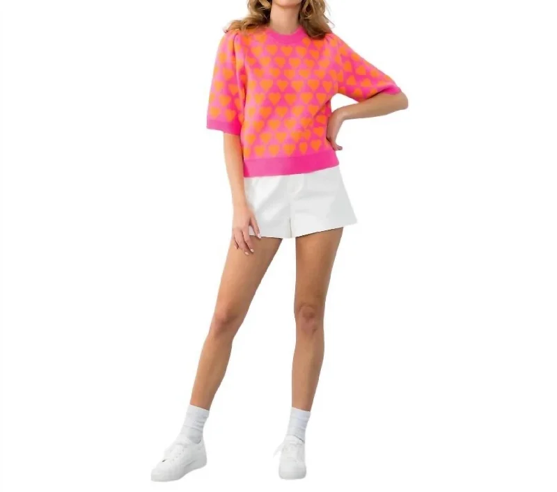 High-end Sense Short Sleeve Heart Knit Top In Pink