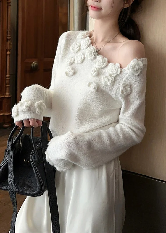 High-end Sense Stylish White Cold Shoulder Solid Knit Sweater Winter