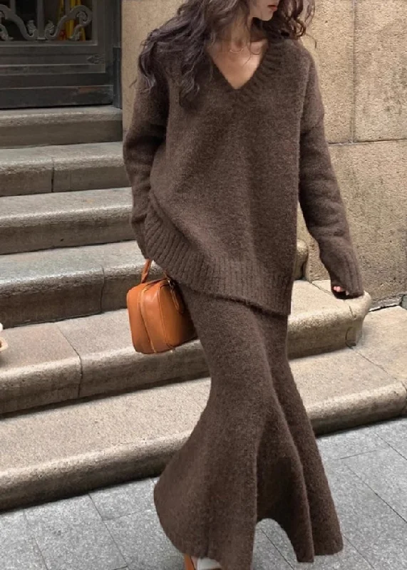 Sports Fashion Plus Size Brown Cozy Cotton Knit Sweaters And Maxi Skirts Two Pieces Set Winter