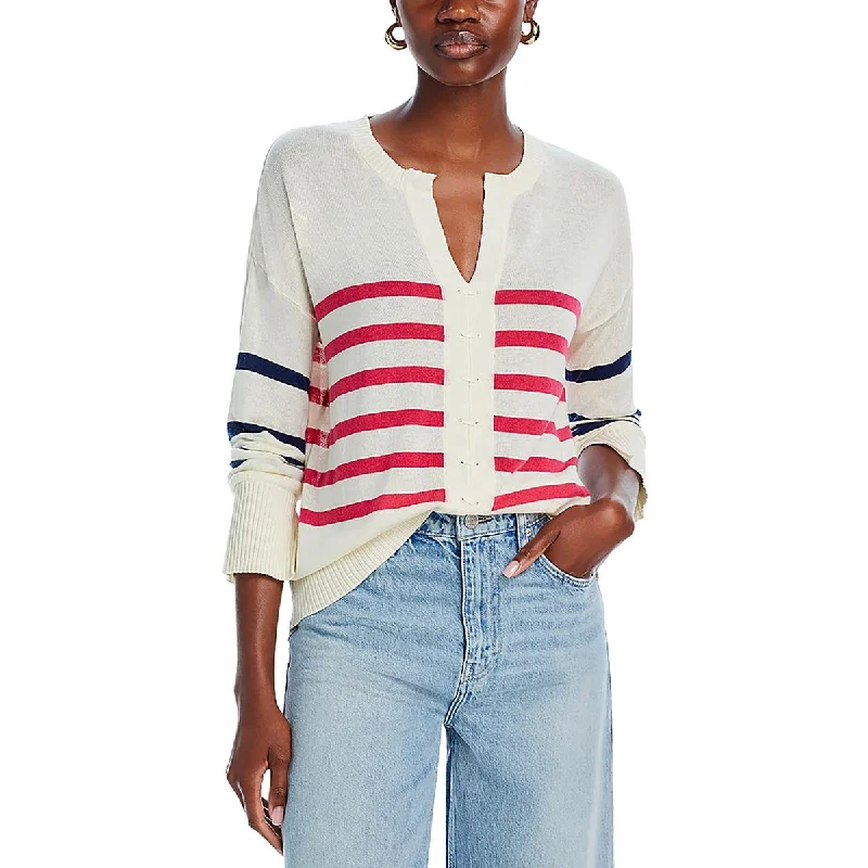 Breezy Style Aqua Womens Striped Ribbed Trim Pullover Sweater