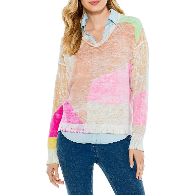 Street Cool Nic + Zoe Womens Mosaic Sunrise Cotton Printed Pullover Sweater