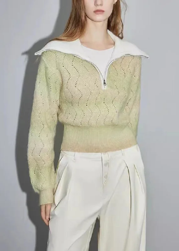 Fashionable Comfort Women Green Zip Up Hollow Out Wool Knit Sweater Winter