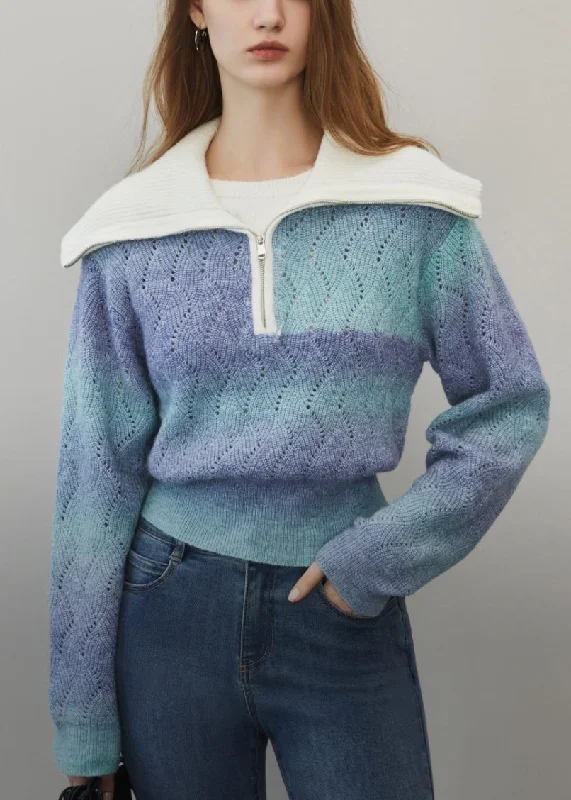 Modern Comfort Wear Blue Gradient Color Hollow Out Wool Knit Sweater Zip Up Winter
